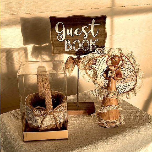 NEW Wedding decor items: guest book sign, flower basket, wicker angel bride - Picture 1 of 13